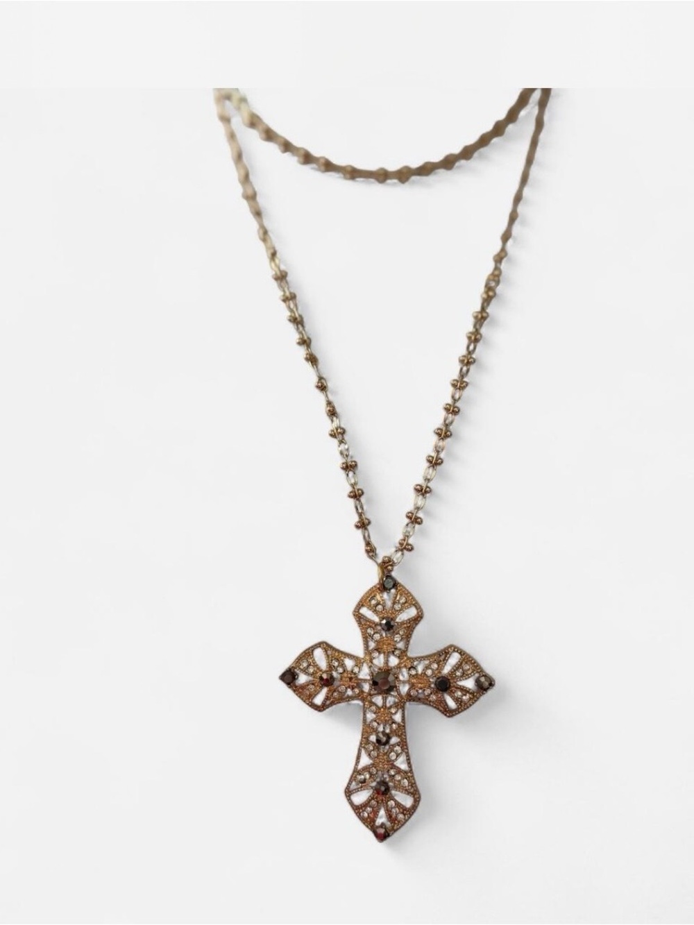 Gothic Gold Filigree Cross Pendant Necklace smoky and clear rhinestone